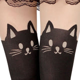 Sexy Cute Black Tattoo Long Socks Sheer Cartoon Cat Pantyhose Stockings Tights