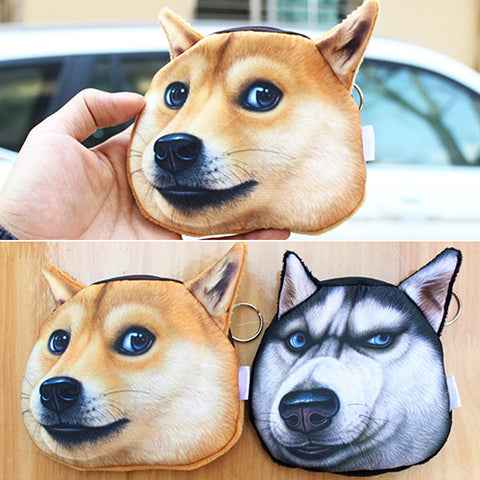 Funny Dog Face Coin Purse Shiba Inu Husky Head Zipper Wallet Keys Pouch Gift