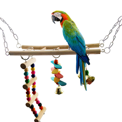 Pet Bird Parrot Colorful Wood Swing Climbing Ladder Bells Hanging Toy Cage Decor