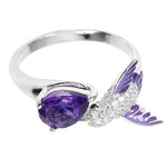 Bird Water Drop Faux Amethyst Cubic Zirconia Women Engagement Wedding Open Ring
