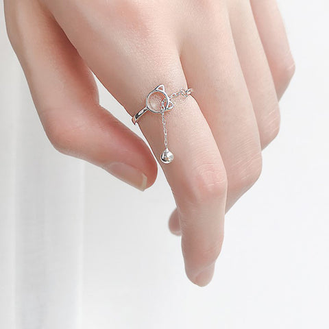 Cute Hollow Cat with Bell Charm Chain Open Ring Women Animal Finger Jewelry