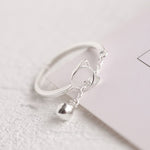 Cute Hollow Cat with Bell Charm Chain Open Ring Women Animal Finger Jewelry
