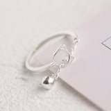 Cute Hollow Cat with Bell Charm Chain Open Ring Women Animal Finger Jewelry