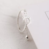 Cute Hollow Cat with Bell Charm Chain Open Ring Women Animal Finger Jewelry