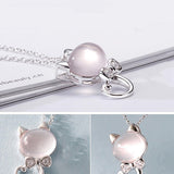Women's Fashion Cute Kitten Rhinestone Pendant Silver Plated Chain Necklace
