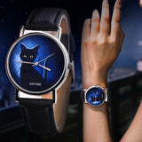 Cartoon Black Cat Round Dial Faux Leather Band Quartz Watch Women Wrist Decor