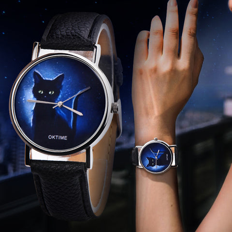 Cartoon Black Cat Round Dial Faux Leather Band Quartz Watch Women Wrist Decor