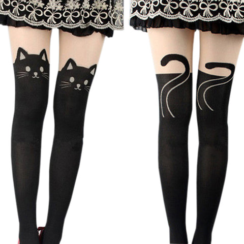 Sexy Cute Black Tattoo Long Socks Sheer Cartoon Cat Pantyhose Stockings Tights