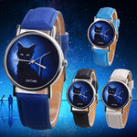 Cartoon Black Cat Round Dial Faux Leather Band Quartz Watch Women Wrist Decor