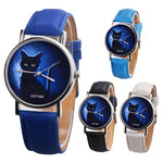 Cartoon Black Cat Round Dial Faux Leather Band Quartz Watch Women Wrist Decor